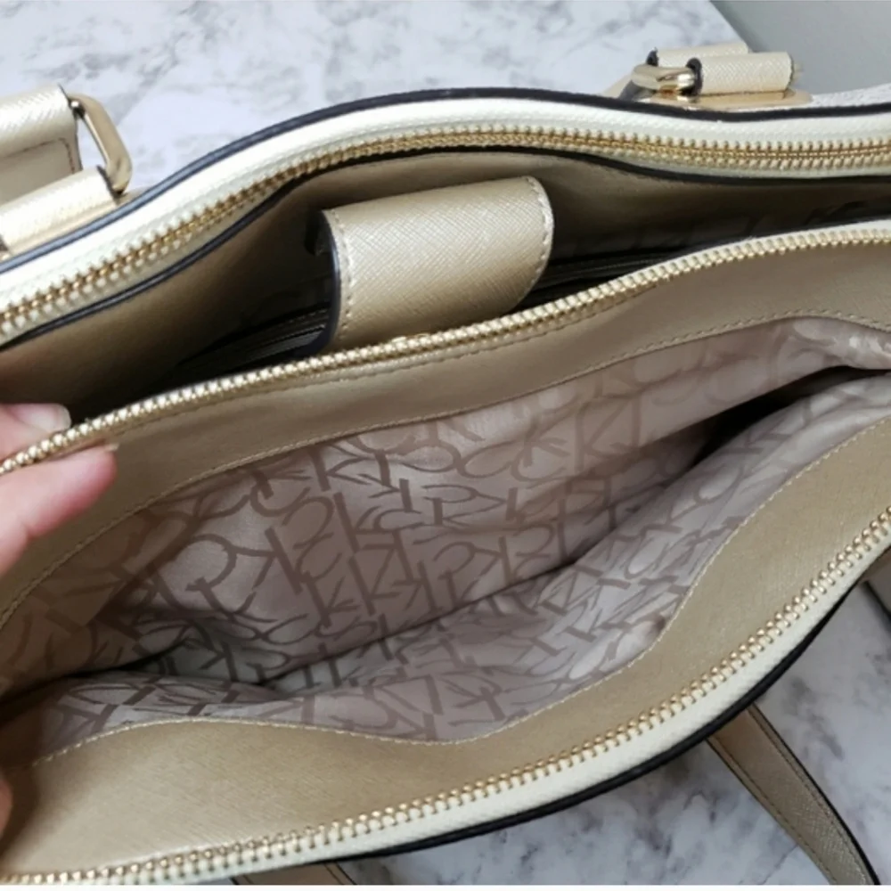 Calvin Klein Large Almond Monogram Satchel - Like New | Metallic Gold & Cream